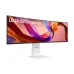Curved LG UltraWide Monitor (likely 49U950A-W) on a white rectangular stand, displaying a vibrant abstract image.