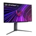 A head-on view of the black LG UltraGear 27GS95QE-B OLED monitor displaying a purple and magenta gaming wallpaper on its stand.