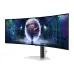Front left-side angle view of Samsung Odyssey G9 49-inch 240Hz curved monitor with display on.