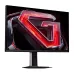 Front view of Redmi G27Q monitor displaying red geometric gaming graphic, ultra-thin bezels, and modern stand design