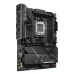 Asus ROG STRIX X870E-H motherboard side angle highlighting PCIe slots, heatsinks and RGB gaming aesthetics