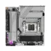 Rotated view of B650M AORUS Elite AX ICE highlighting extended heatsinks, PCIe slot, and motherboard layout