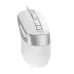 An angled top view of the white and silver A4Tech Fstyler FM50 Plus wired mouse with two customizable top buttons.