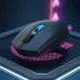 Top view of Logitech G304 X SUPERLIGHT Mouse with glowing blue light on futuristic patterned surface.