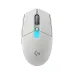 Overhead view of Logitech G304 X SUPERLIGHT Mouse in white finish with illuminated scroll wheel and Logitech G logo.