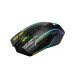 Side profile view of black Onikuma DM06 gaming mouse with an active bottom multi-color RGB lighting strip and two thumb buttons.