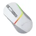 An angled top view of the white and grey Xtrike Me GM-322 gaming mouse with a multicolored RGB light stripe.