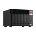Angled front view of the QNAP TS-673A-8G 6 Bays NAS Storage showing its six drive bays and glossy top panel.
