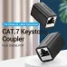 Vention IPWB0 Cat.7 FTP Coupler, in-use view connecting two Ethernet cables for stable plug-and-play network extension