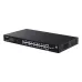 Front view  black Tenda teg2228p switch featuring 16 ports,two rows, green indicator lights and a QR code on the right.