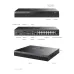 Multiple views of TP-Link VIGI NVR2016H-16P NVR highlighting front LEDs, USB port, rear PoE+ ports, and dimensions.