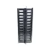 Front view of the black plastic COTE CWM-1UFRP 1U hinged cable management rack with rectangular openings.