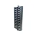 Angled, vertical view of the black plastic COTE CWM-1UFRP 1U hinged cable management rack.