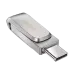 Angled view of the SanDisk Ultra Dual Drive Luxe Pen Drive showcasing its sleek metallic design with a USB-C connector extended.