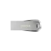 SanDisk Ultra Luxe USB drive front view with sleek metallic finish and keyring hole, isolated on black background.