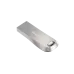 SanDisk Ultra Luxe USB flash drive angled view highlighting durable metal build and minimalist premium design.