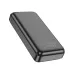 Angled back view of black Hoco J1001A 20000mAh Power Bank showing technical specs text and safety certification icons.