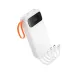 Upright view of white Hoco J151A Power Bank displaying digital screen at 88%, four built-in cables, and orange strap.