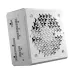 A top-down view of the white Corsair RM750e power supply unit, highlighting its modular cable connections and patterned fan grill.