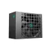 Angled view of DeepCool PS650G 650W Power Supply with large cooling fan, teal logo, and metallic casing design.