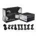 Product display of MSI PRO A850PL PCIE5 Power Supply with packaging box and modular cables arranged in front.