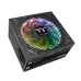 Angled view of Thermaltake Toughpower iRGB Plus 850W PSU showing RGB fan, premium build and ventilation design