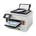 Canon multifunction printer with touchscreen, ADF, and ink tanks, printing and scanning documents simultaneously