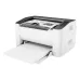 Angled view of the white and grey HP LaserJet 108w printer with a printed document partially in the output tray.