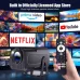 Compact Magcubic HY320 NTV Projector on stand with remote, streaming logos like Netflix and Prime Video in background.