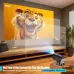 Living room setup with Magcubic HY320 NTV Projector showing cartoon tiger projection sizes from 50 to 150 inches.