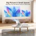 Room setup with Magcubic HY320 Pro Projector displaying vibrant visuals and projection distance comparison chart.