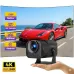 Handheld view of Magcubic HY320 Projector displaying 720P image with 180° rotation and Android support on curved screen.