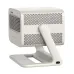 Rear angle view showing ventilation panel and sturdy angled stand design of the projector