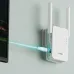 Wall-mounted view of CUDY RE1500 Range Extender connected via glowing Ethernet cable to nearby device for high-speed use.