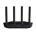 A rear view of the black ASUS TUF Gaming BE3600 Wi-Fi 7 Router, showing the four antennas, Ethernet ports (LAN/WAN), USB 3.0, DC, Power, WPS, and Reset buttons.