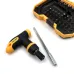 Front view of Tolsen 20036 Sockets Set with T-handle ratchet screwdriver, extension rod, and organized bit case.