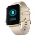 A gold smartwatch with a beige silicone band. Its screen shows a glowing blue battery icon and 