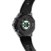 Bottom view of the round BWOO BO-WA08 smartwatch, showing the heart rate sensor with green LEDs and charging contacts.