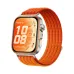 Angled profile of a HUAWEI WATCH FIT 5 Pro with an orange woven strap and digital face.