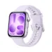 Side view of a HUAWEI WATCH FIT 5 featuring a lavender silicone strap and purple digital face.