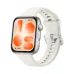 Profile view of a HUAWEI WATCH FIT 5 with a cream-white strap and orange-accented digital face.