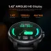 Front display of QCY Track S10 smartwatch highlighting 1.43-inch AMOLED HD screen with fitness metrics.