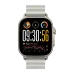 A front-facing view of the silver Realme Watch 5 with a white strap, displaying the time, heart rate, and weather.