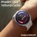Wrist view of Samsung Galaxy Watch 9 showing menstrual cycle tracking interface with colorful progress indicators.