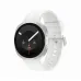 Front view of Samsung Galaxy Watch 9 with white strap displaying analog clock, heart rate, steps, and date.