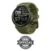 A rugged, round military green Zeblaze Ares 3 Plus smartwatch with a matching textured strap. Includes an 