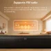 Front living room setup view of the F&D HT‑360 2.1 Soundbar Wireless Bluetooth Speaker displaying FM mode on its LED panel.