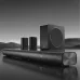 Angled product lineup view of the F&D HT‑500DA 5.1 Bluetooth Home Theater Speaker including soundbar, subwoofer, and satellites.
