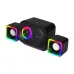 Close-up view of Xtrike Me SK-502 Speaker set with RGB rings around subwoofer and satellite speakers.