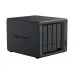 Side angled view of Synology DS425+ NAS showing 4-bay drive slots, compact design and matte black finish